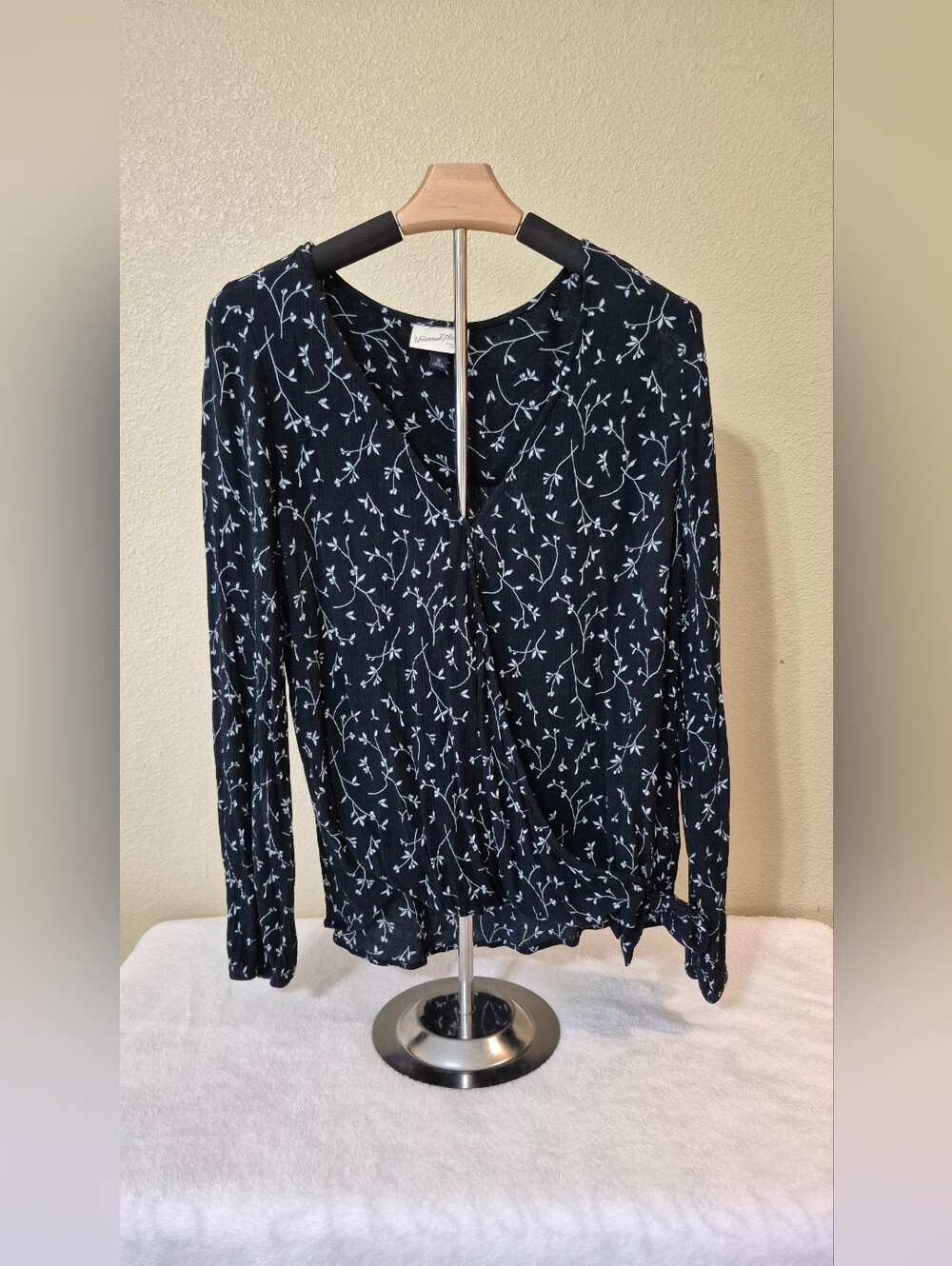 Dark Blue Blouse with White Vine Print and Front Tie
